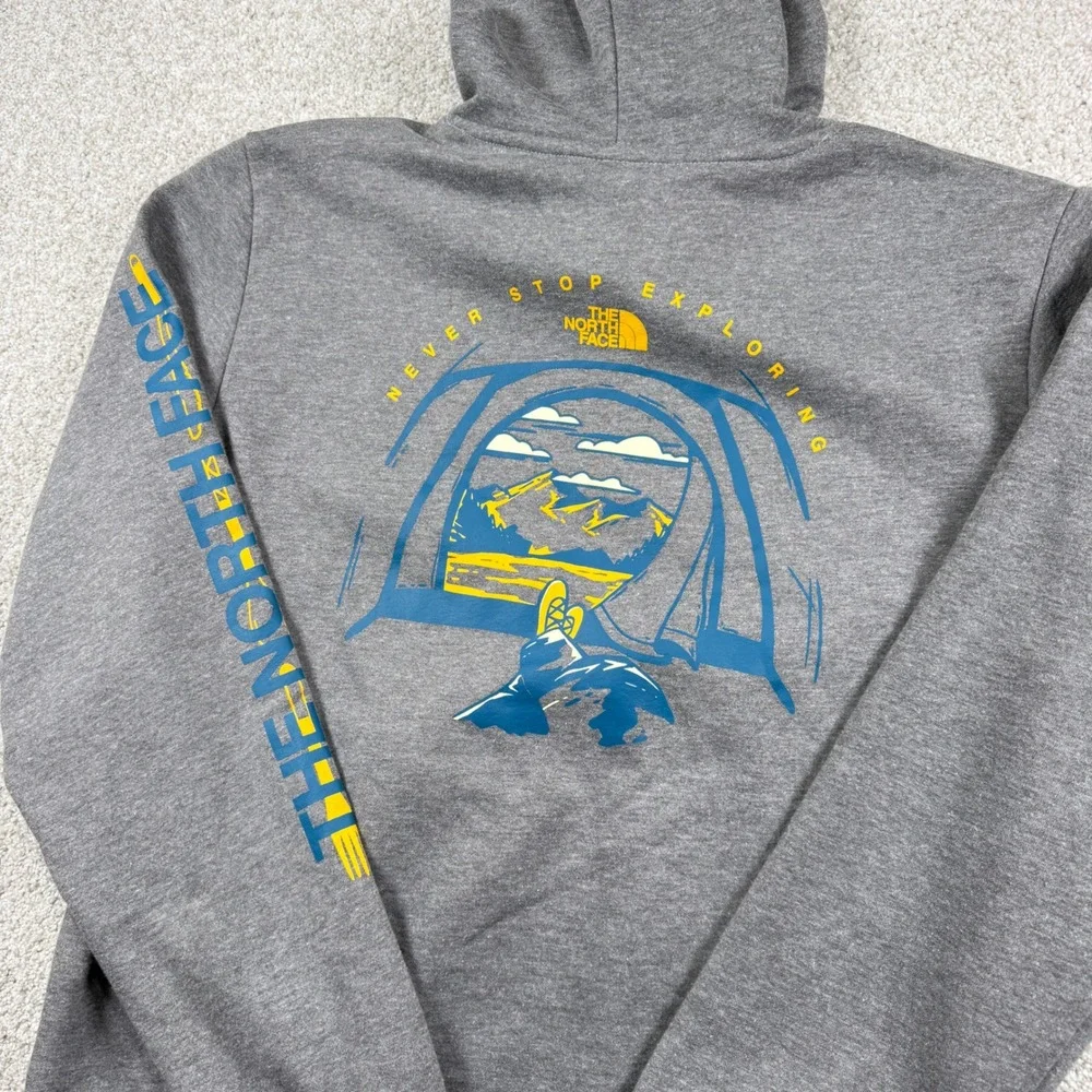 NEW The North Face Hoodie Men M Grey M Evo Tent Graphic Sleeve Logo Pullover